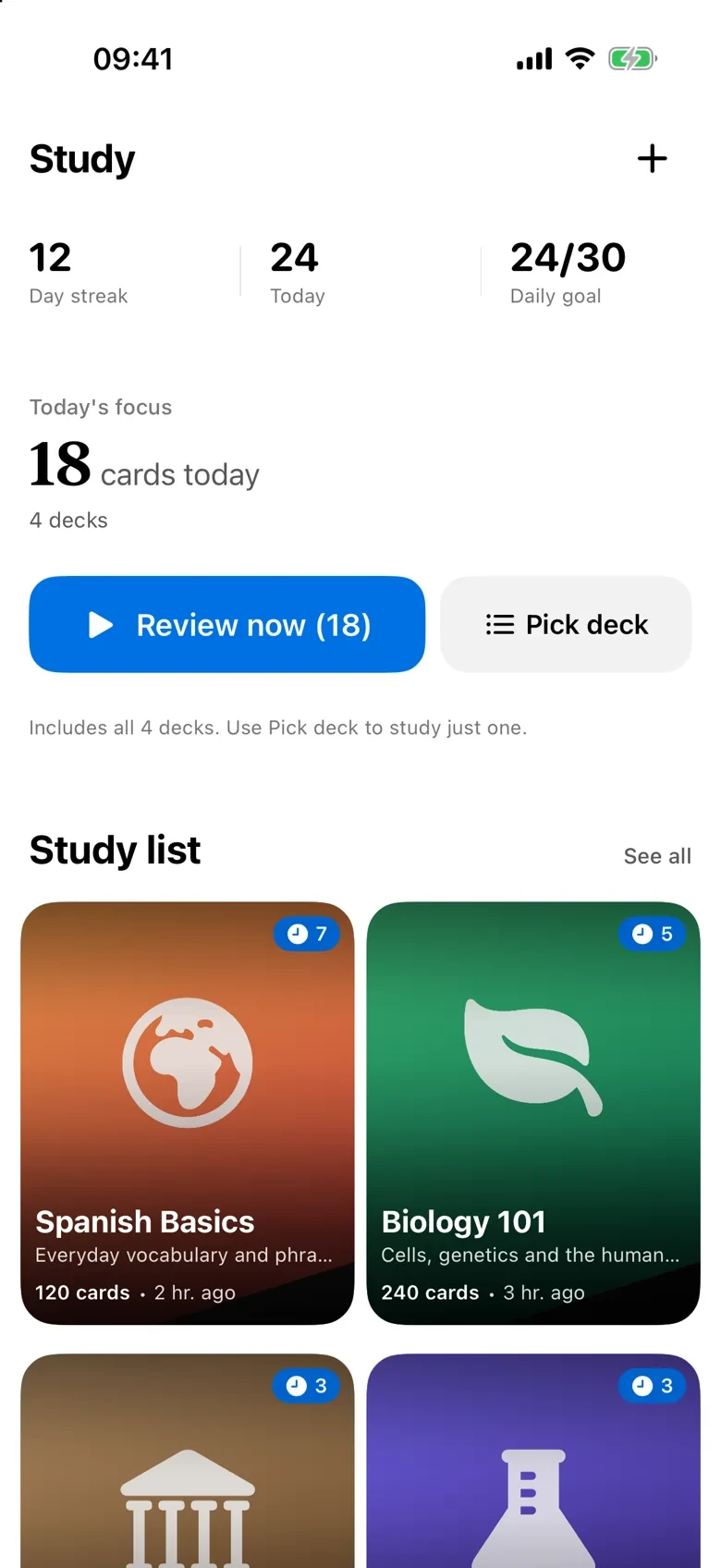 The Syncogia Study screen with a daily streak, today’s focus, a Review now button and a study list of decks.